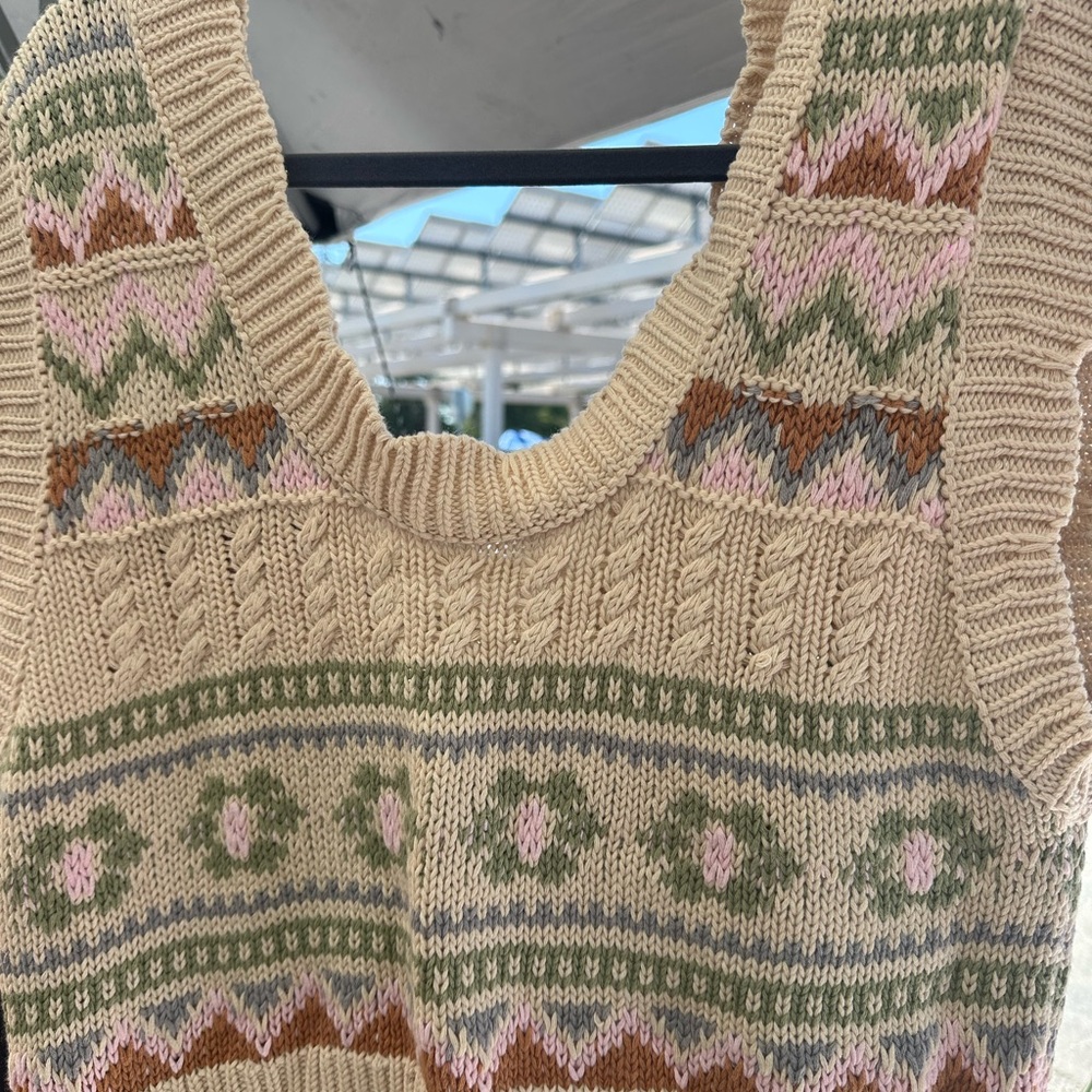 Anthropologie Knit vest with Cream, Green, and Pink Patterns